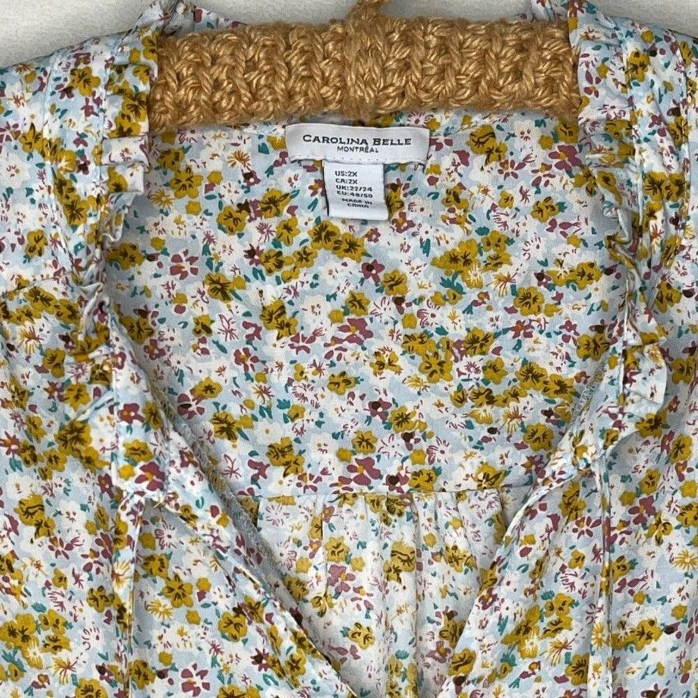 Carolina Belle Floral Blue Peasant Blouse Tie Neck Flowy Womens 2X Plus Summer - Picture 3 of 7